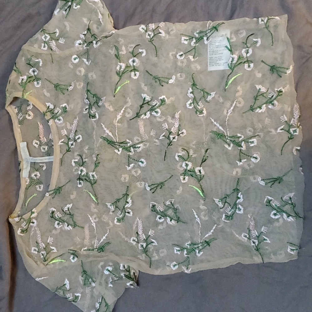 Urban Outfitters Romantic Embroidered Floral Mesh Crop Top